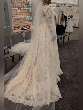 David's Bridal Ivory Lace Long-Sleeve Ball Gown Wedding Dress